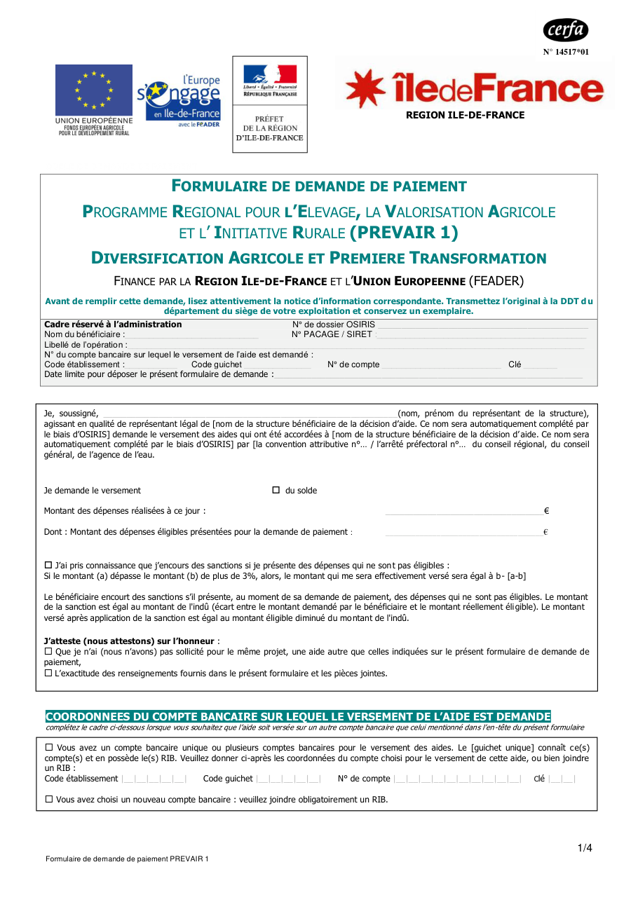 Page 1 du formulaire cerfa 14517 — Formulaire de demande de paiement PREVAIR 1 - diversification agricole et première