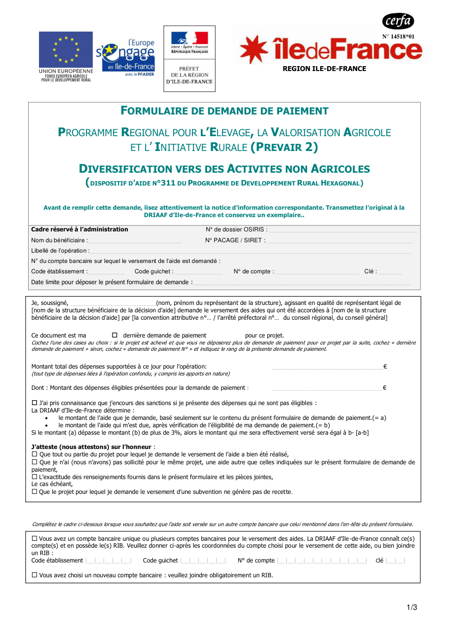 Page 1 du formulaire cerfa 14518 — Formulaire de demande de paiement – Diversification vers des activités non agricoles