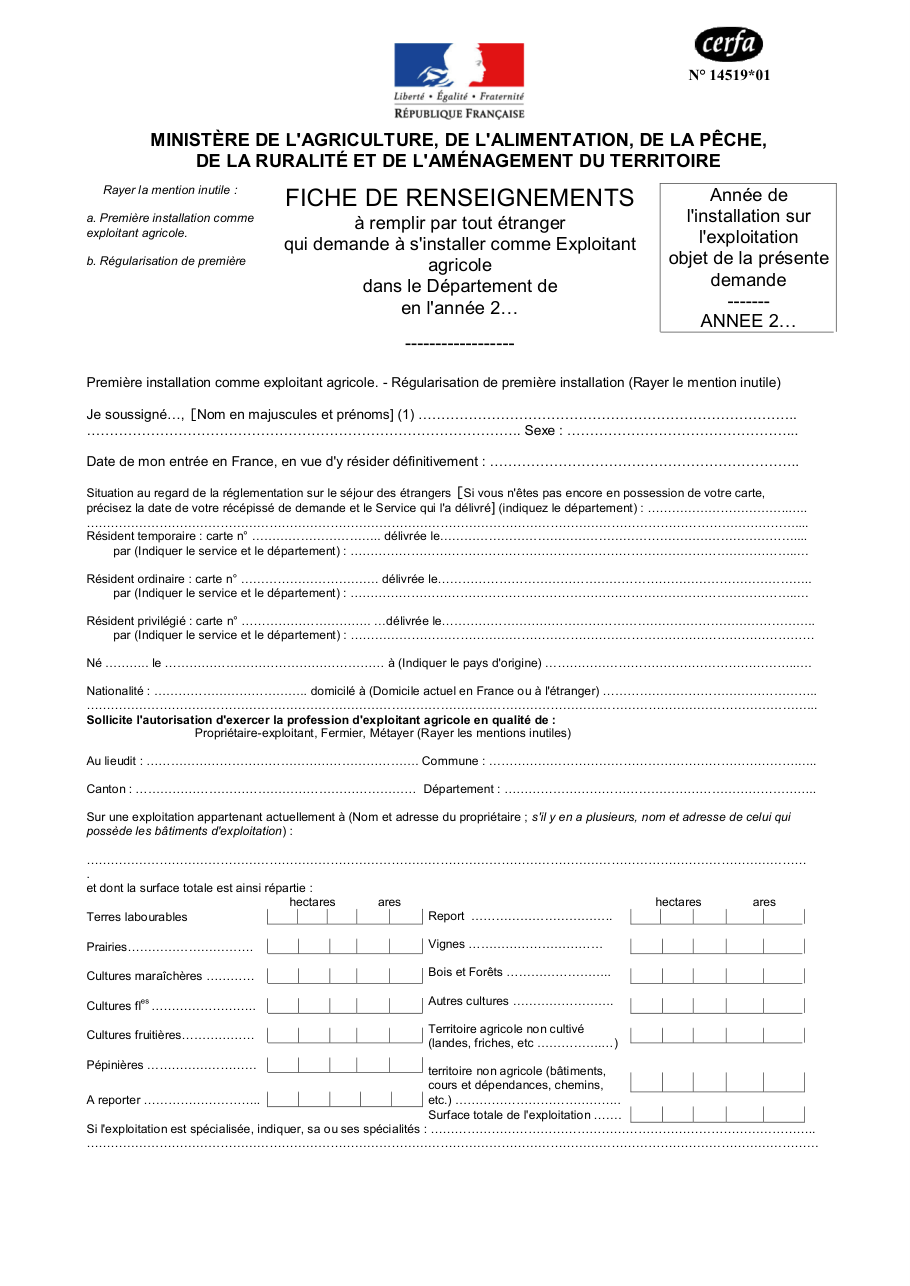 Page 1 du formulaire cerfa 14519 — Fiche de renseignements — installation en France d'un exploitant agricole étranger