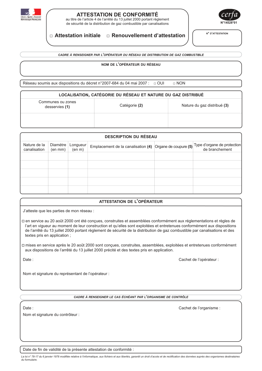 Page 1 du formulaire cerfa 14528 — Attestation de conformité (initiale ou renouvellement) — distribution de gaz combustible