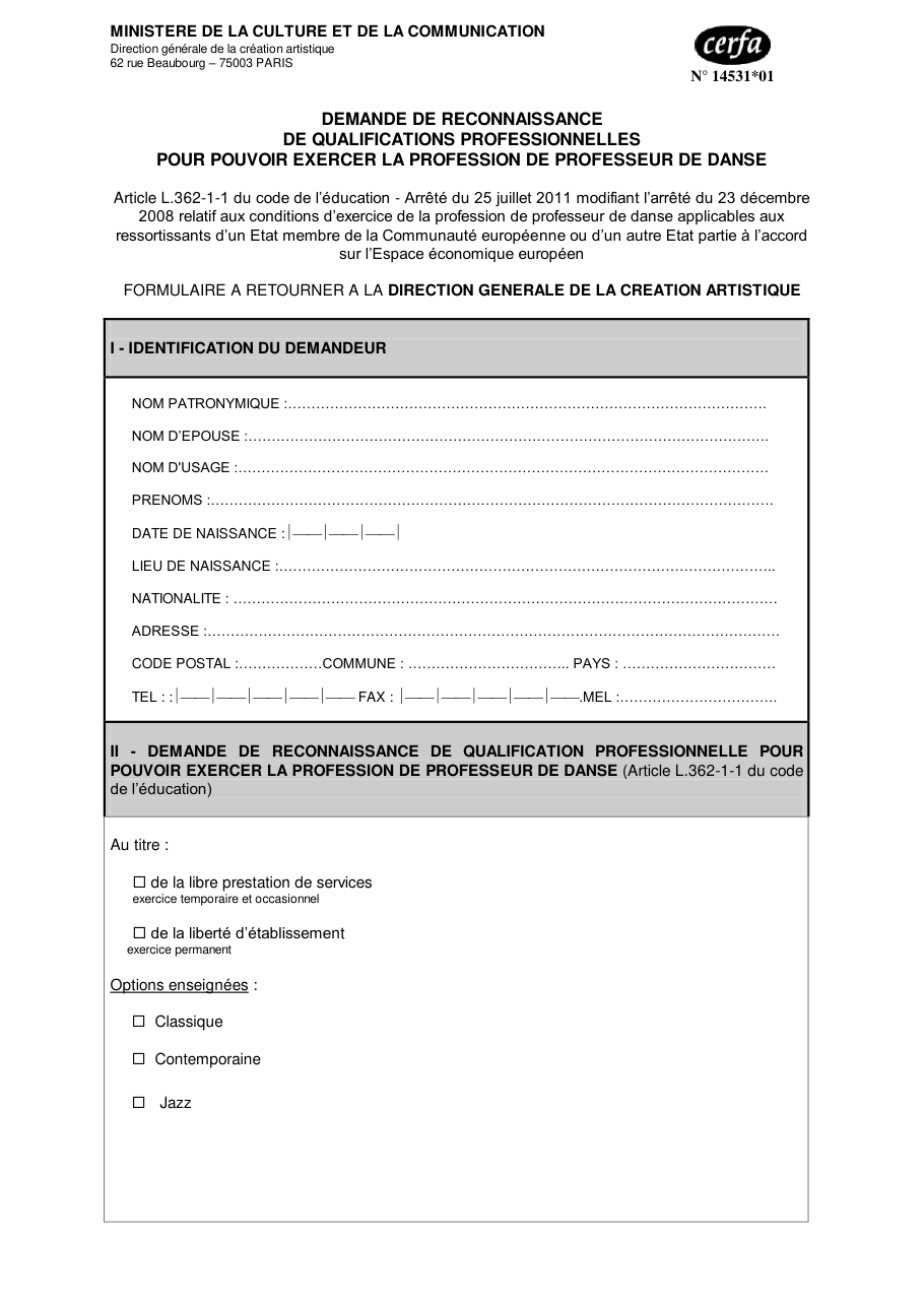 Page 1 du formulaire cerfa 14531 — Demande de reconnaissance de qualifications professionnelles pour pouvoir exercer la profession de professeur
