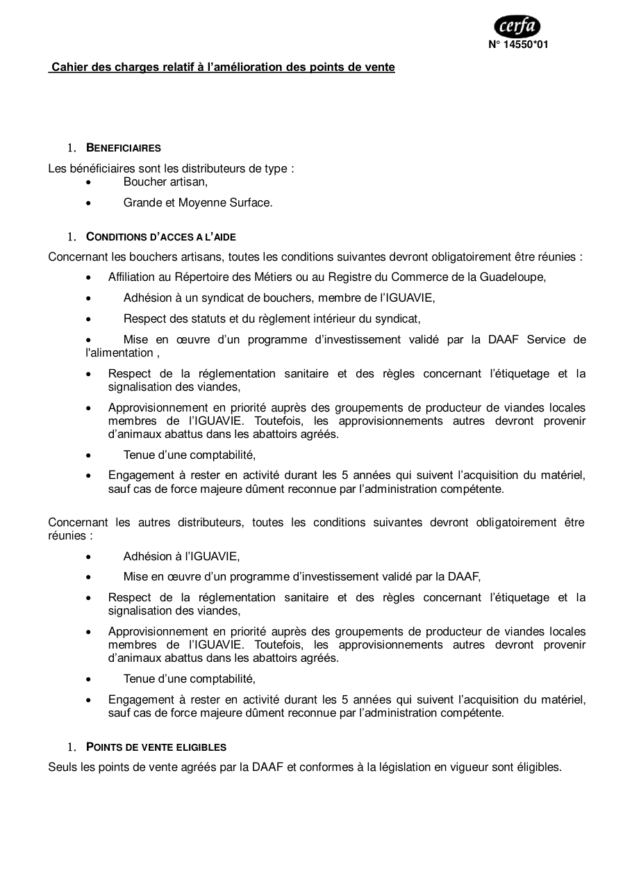 Page 1 du formulaire cerfa 14550 — Cahier des charges relatif à l'amélioration des points de vente