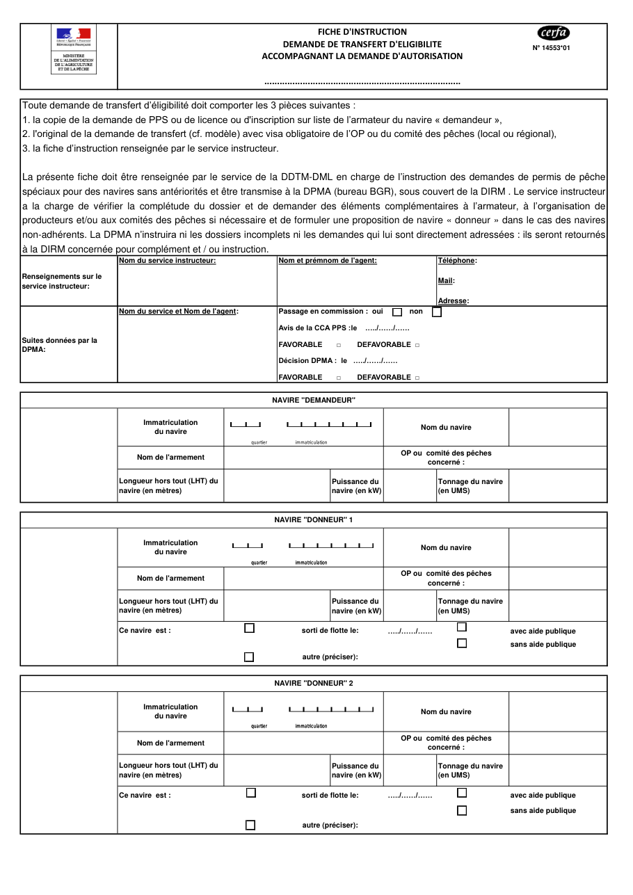 Page 1 du formulaire cerfa 14553 — Instruire une demande de transfert d'éligibilité pour un permis de pêche spécial