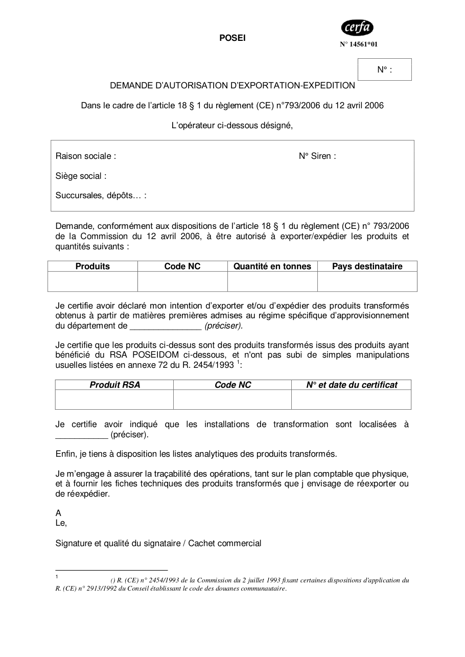 Page 1 du formulaire cerfa 14561 — Demande d'autorisation d'exportation-expédition (règlement CE n°793/2006 du 12 avril 2006