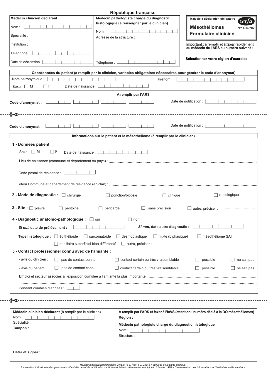 Page 1 du formulaire cerfa 14567 — Mésothéliomes – formulaire clinicien
