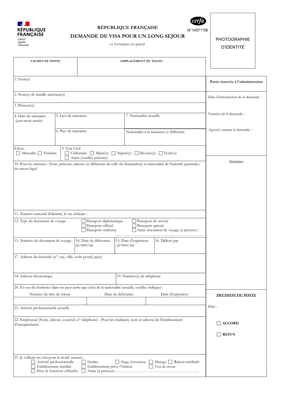 Page 1 du formulaire cerfa 14571 — Demande de visa pour un long séjour