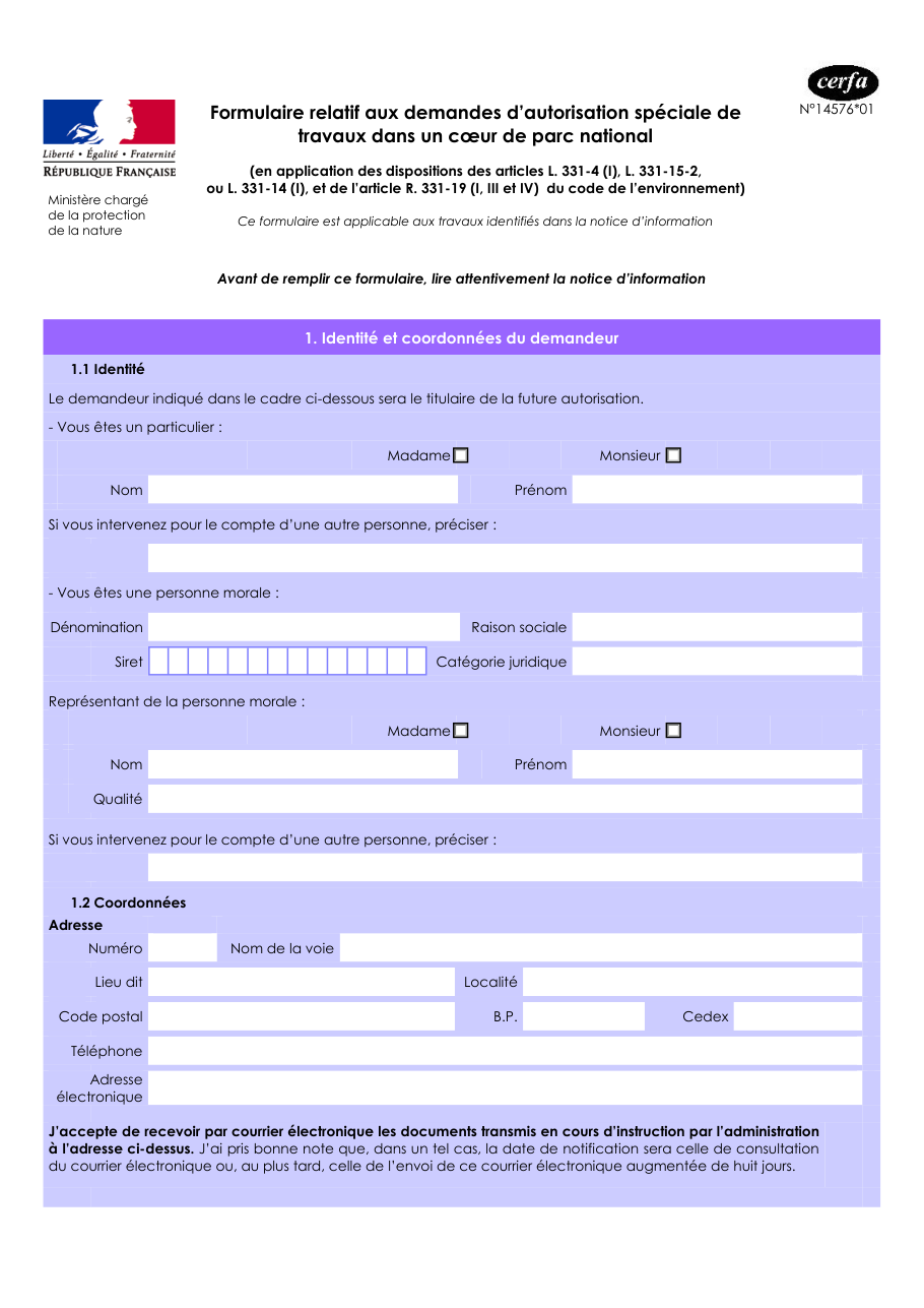 Page 1 du formulaire cerfa 14576 — Formulaire relatif aux demandes d’autorisation spéciale de travaux