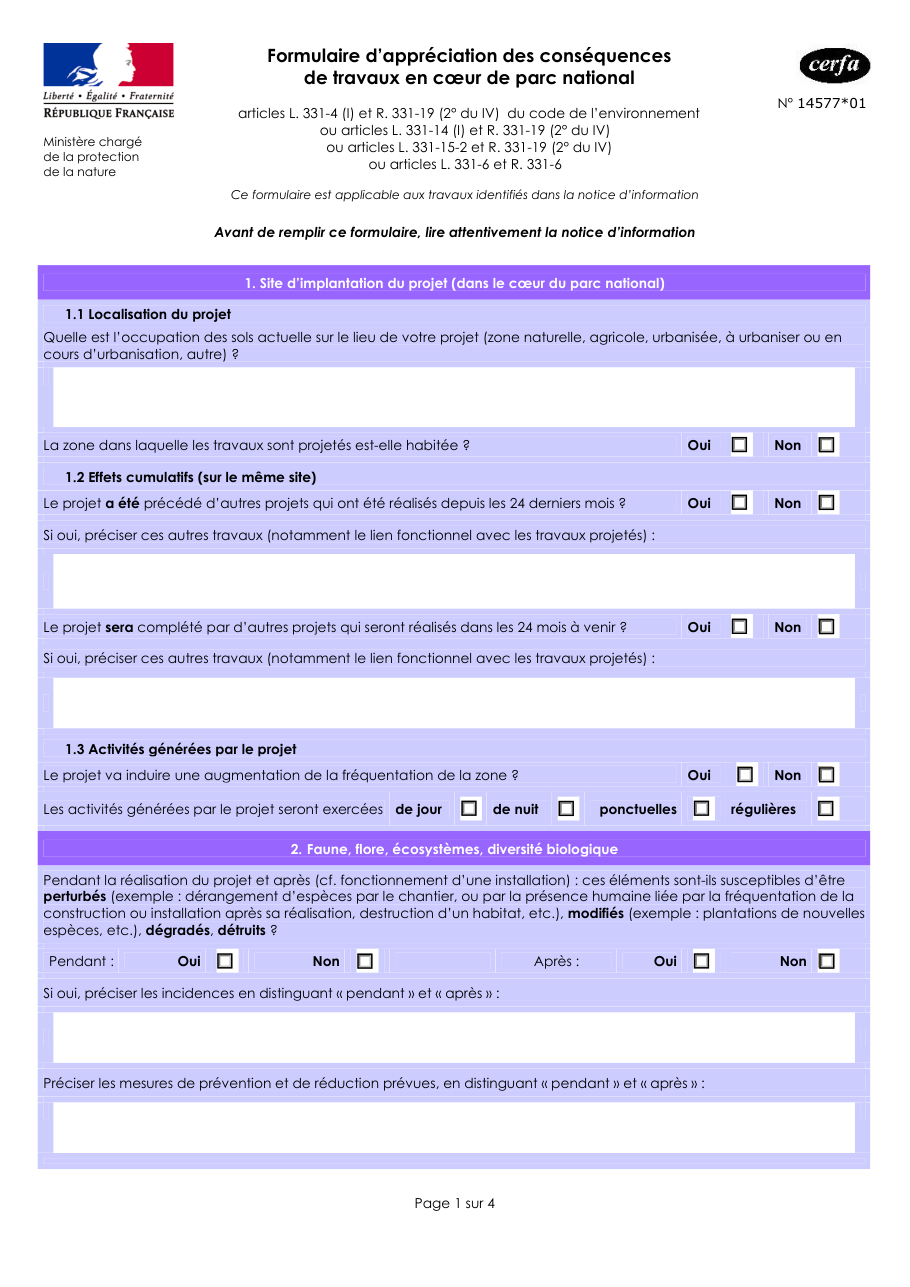 Page 1 du formulaire cerfa 14577 — Apprécier les conséquences de travaux en cœur de parc national