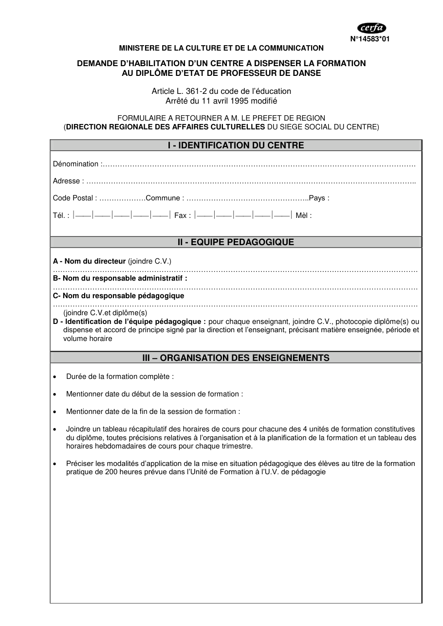 Page 1 du formulaire cerfa 14583 — Demande d'habilitation d'un centre à dispenser la formation au diplôme d'État