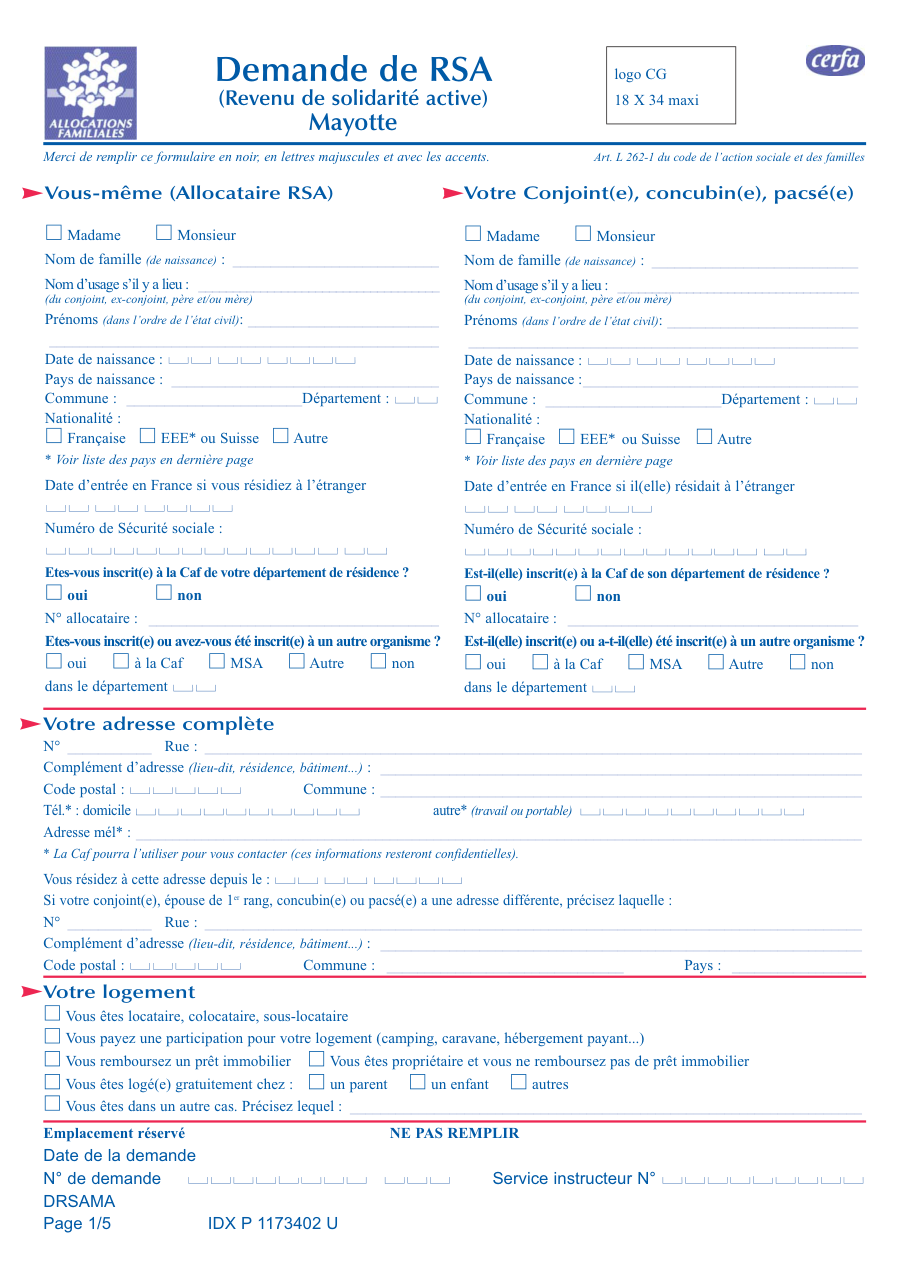 Page 1 du formulaire cerfa 14584 — Demande de RSA (revenu de solidarité active) — Mayotte