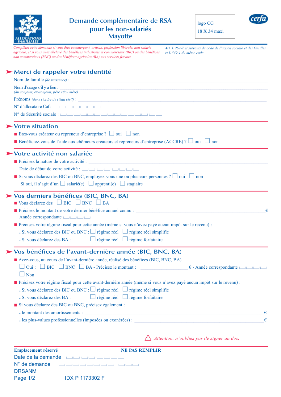 Page 1 du formulaire cerfa 14585 — Demande complémentaire de RSA pour les non-salariés