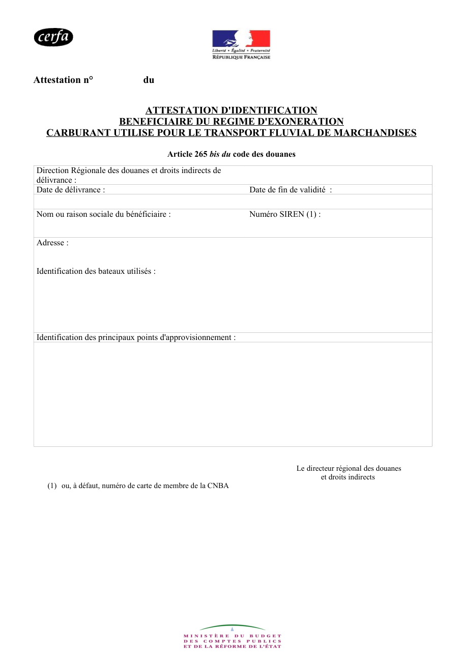 Page 1 du formulaire cerfa 14592 — Attestation d'identification du bénéficiaire du régime d'exonération de carburant
