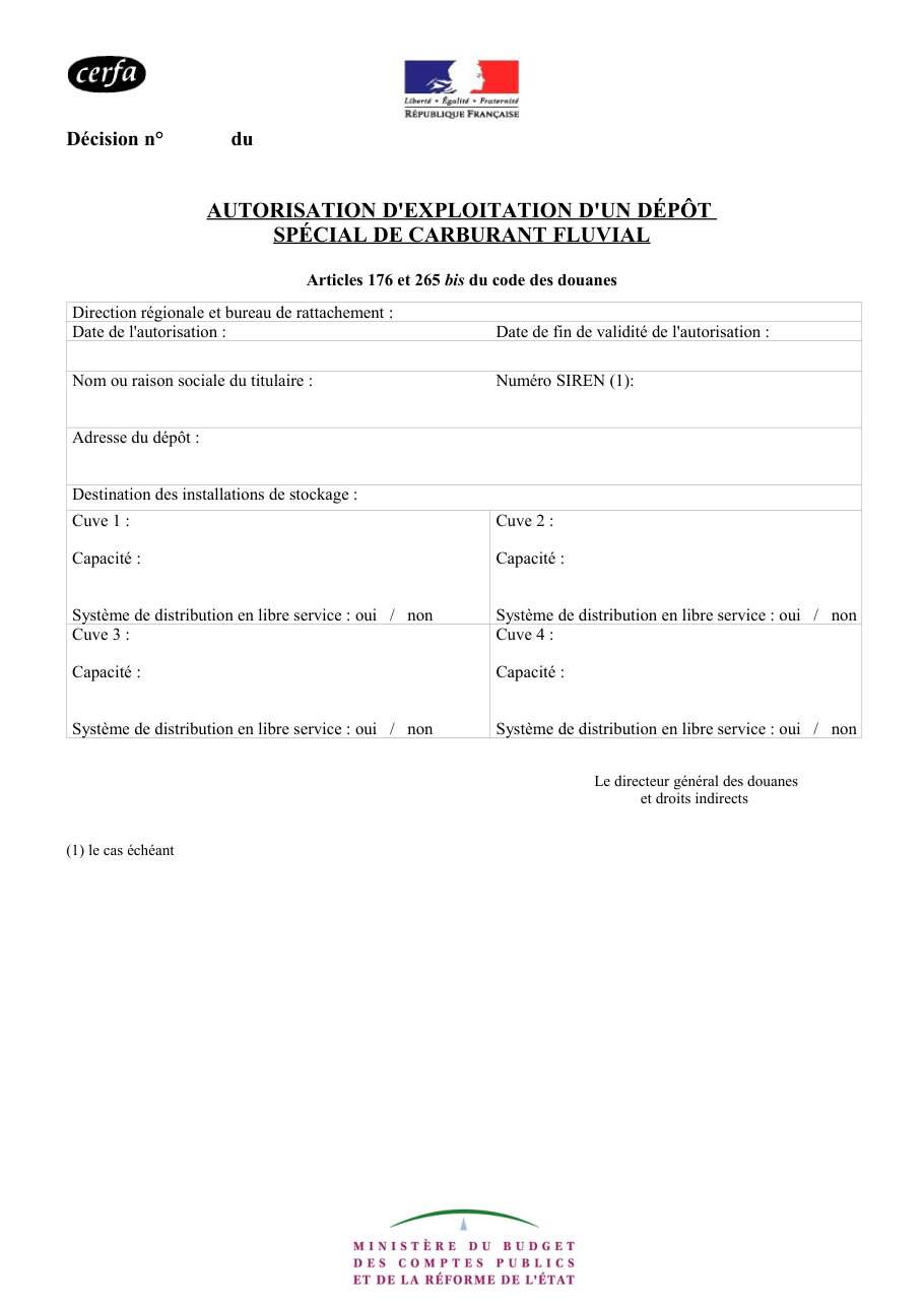 Page 1 du formulaire cerfa 14593 — Autorisation d'exploitation d'un dépôt spécial de carburant fluvial
