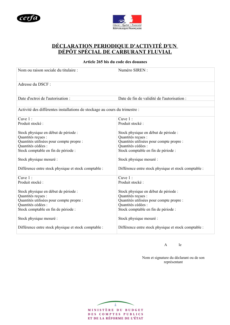 Page 1 du formulaire cerfa 14594 — Déclaration périodique d'activité d'un dépôt spécial de carburant fluvial