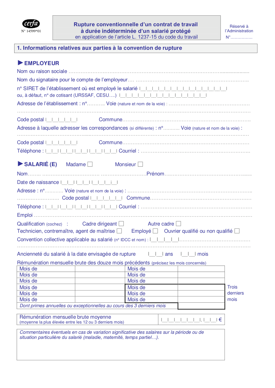 Page 1 du formulaire cerfa 14599 — Convention de rupture du contrat de travail — informations relatives aux parties