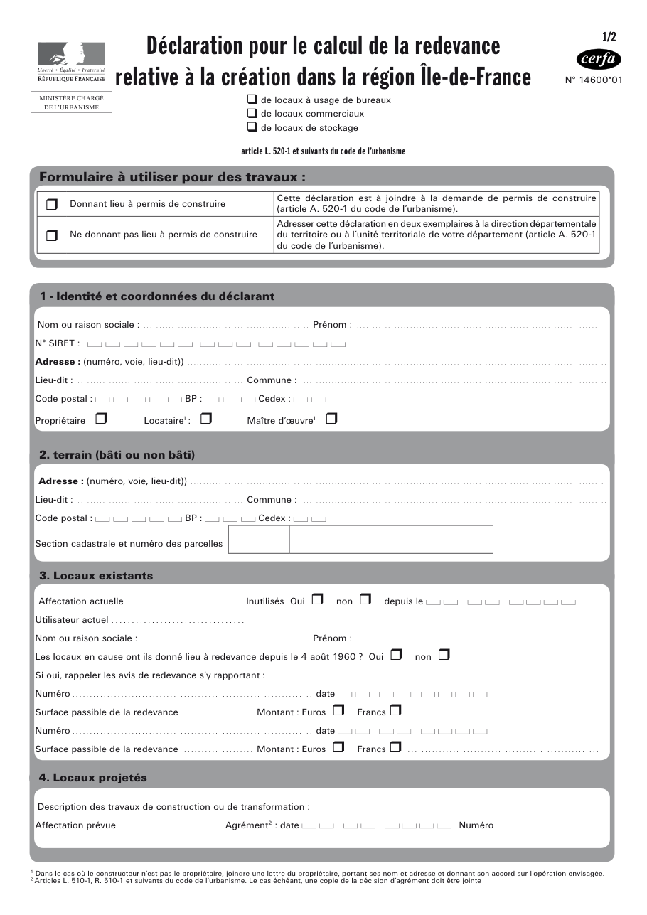 Page 1 du formulaire cerfa 14600 — Déclaration pour le calcul de la redevance relative à la création dans la région Île-de-France