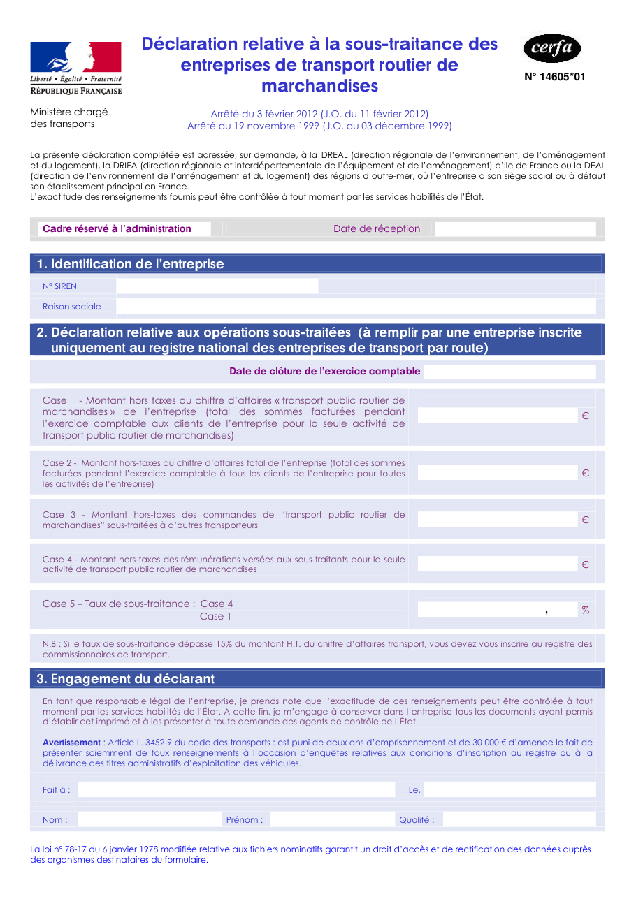 Page 1 du formulaire cerfa 14605 — Déclaration relative à la sous-traitance des entreprises de transport routier de marchandises