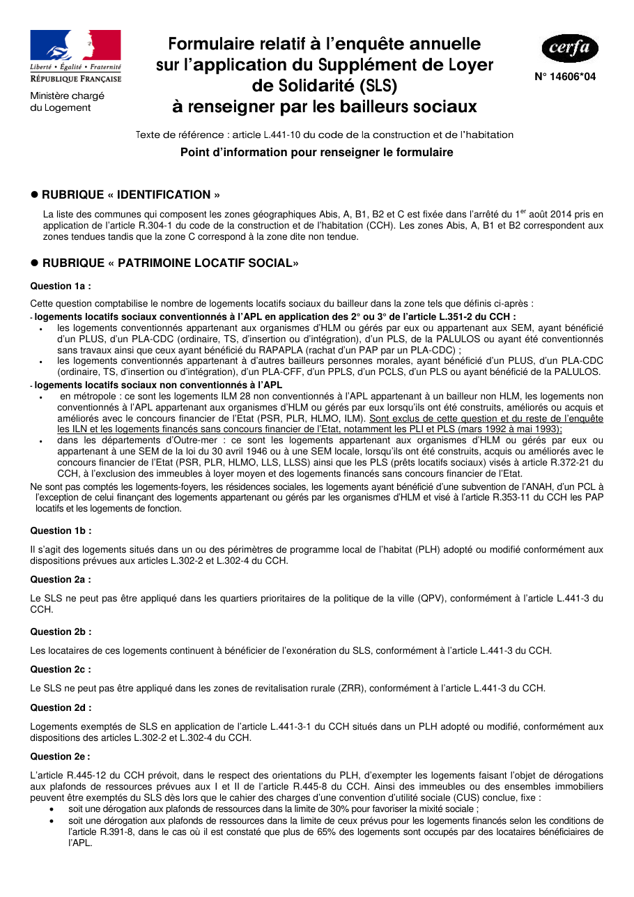 Page 1 du formulaire cerfa 14606 — Formulaire relatif à l'enquête annuelle sur l'application du Supplément de Loyer de Solidarité (SLS)