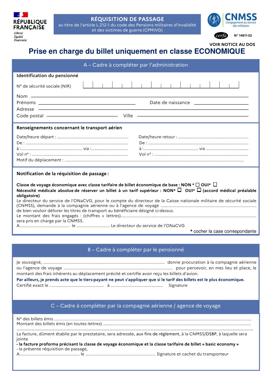 Page 1 du formulaire cerfa 14611 — Prise en charge du billet d'avion en classe économique – Identification du pensionné