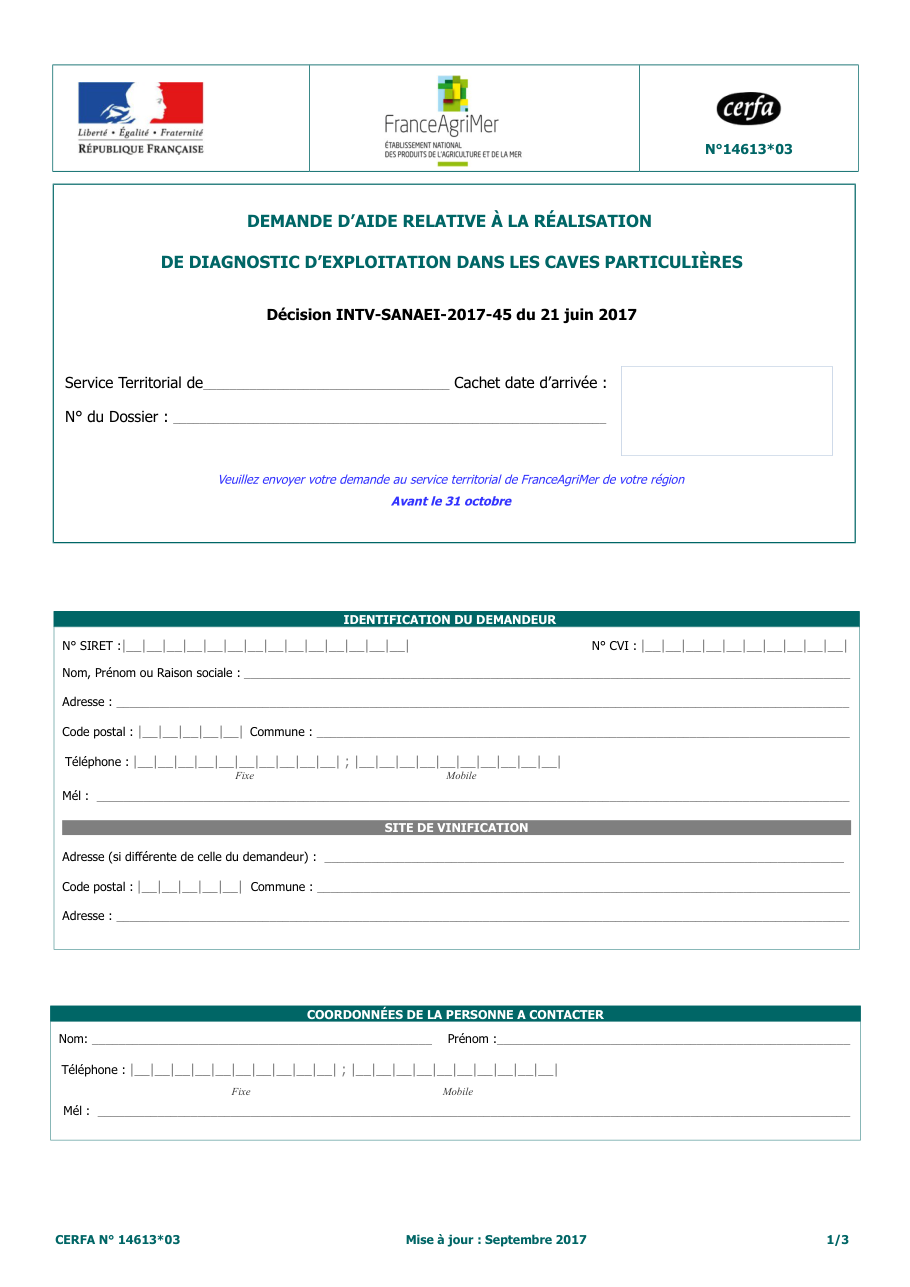 Page 1 du formulaire cerfa 14613 — Demander l'aide de FranceAgriMer pour le diagnostic d'exploitation d'une cave particulière