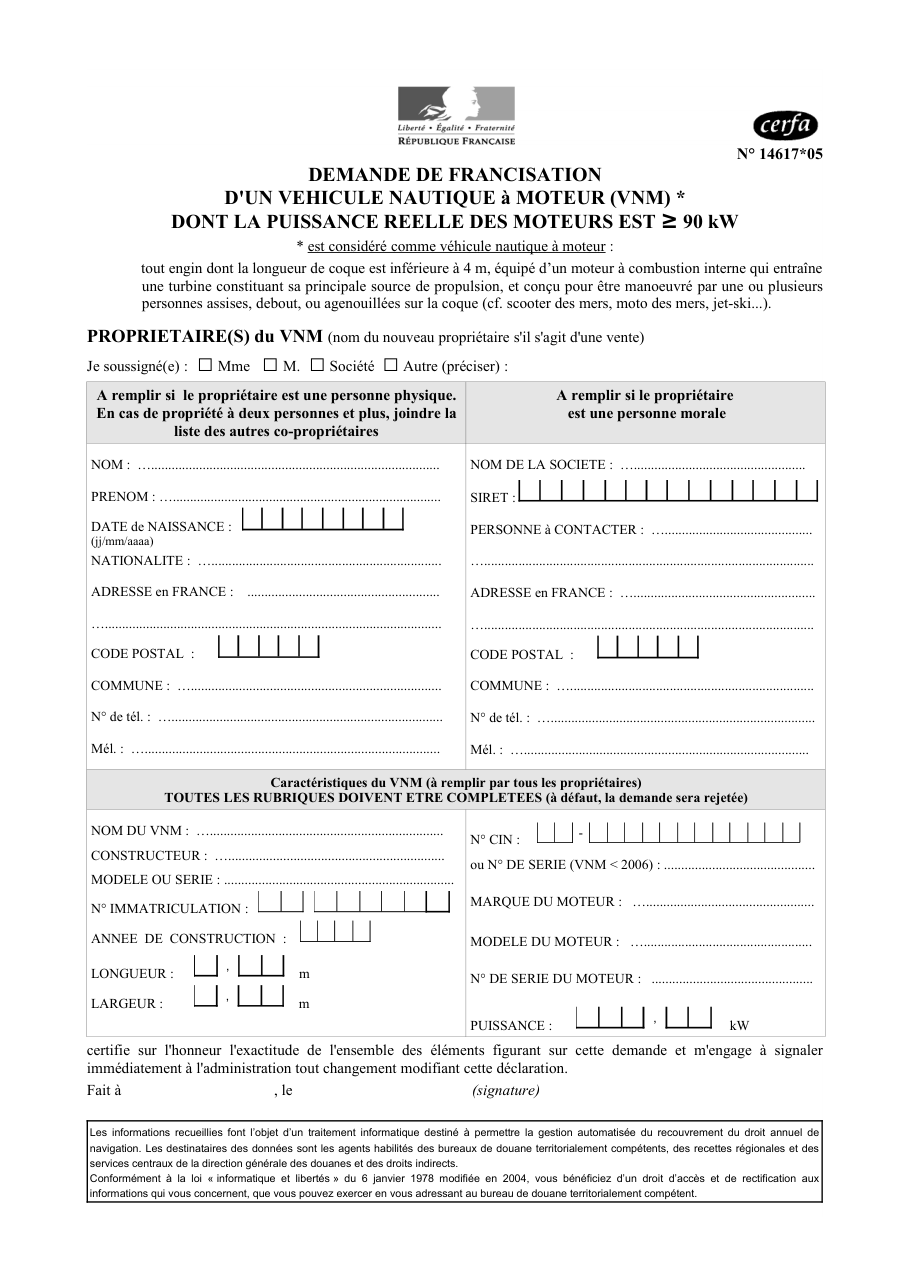 Page 1 du formulaire cerfa 14617 — Demande de francisation d'un véhicule nautique à moteur (VNM)