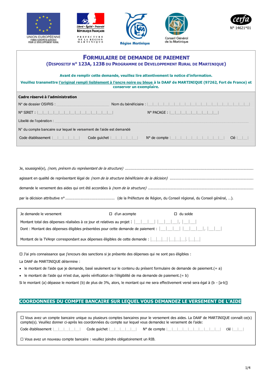 Page 1 du formulaire cerfa 14621 — Formulaire de demande de paiement (programme de développement rural de Martinique)