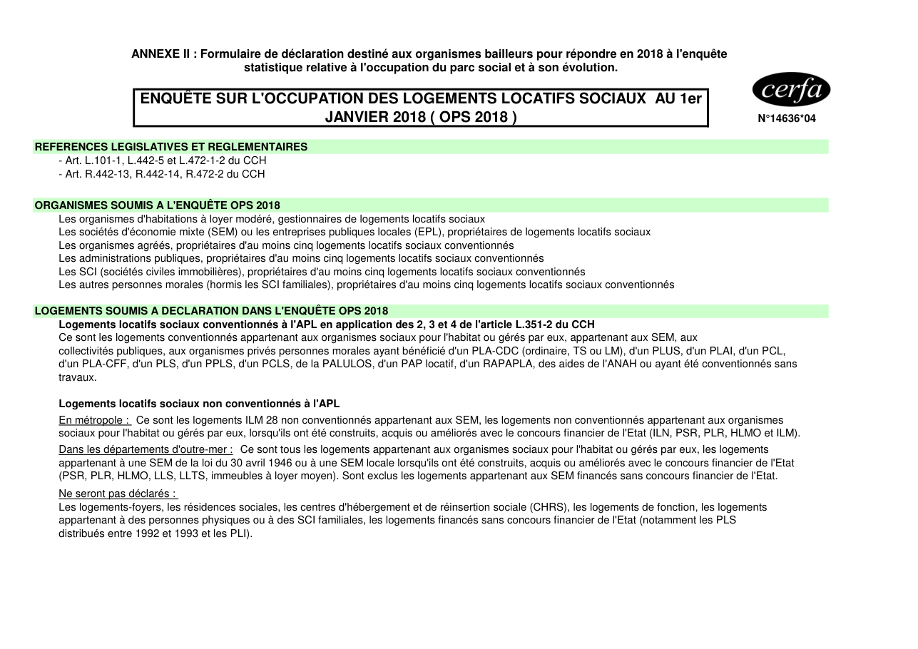 Page 1 du formulaire cerfa 14636 — Enquête sur l'occupation des logements locatifs sociaux au 1er janvier 2018 (OPS 2018)