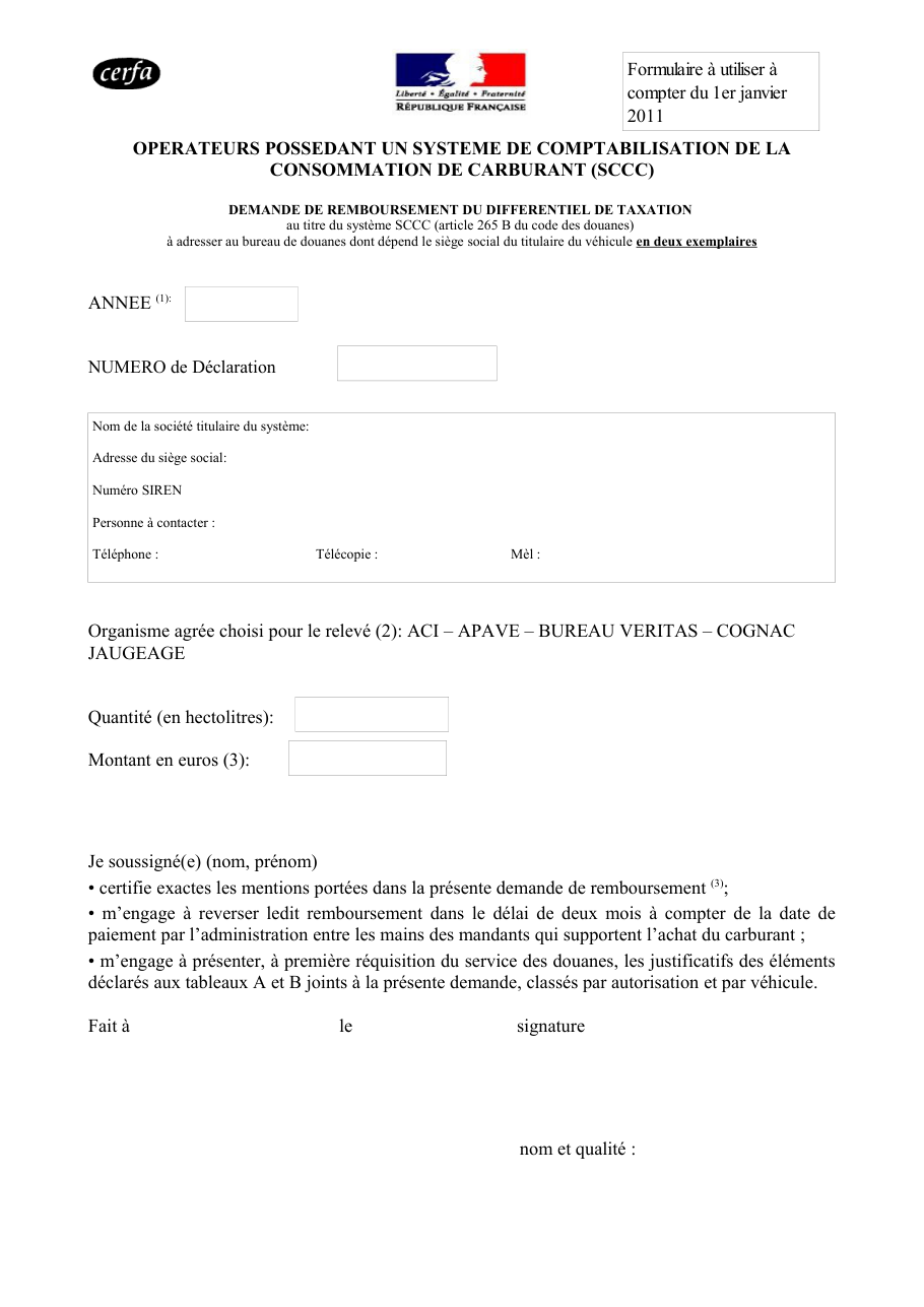 Page 1 du formulaire cerfa 14637 — Opérateurs possédant un système de comptabilisation de la consommation de carburant (SCCC)