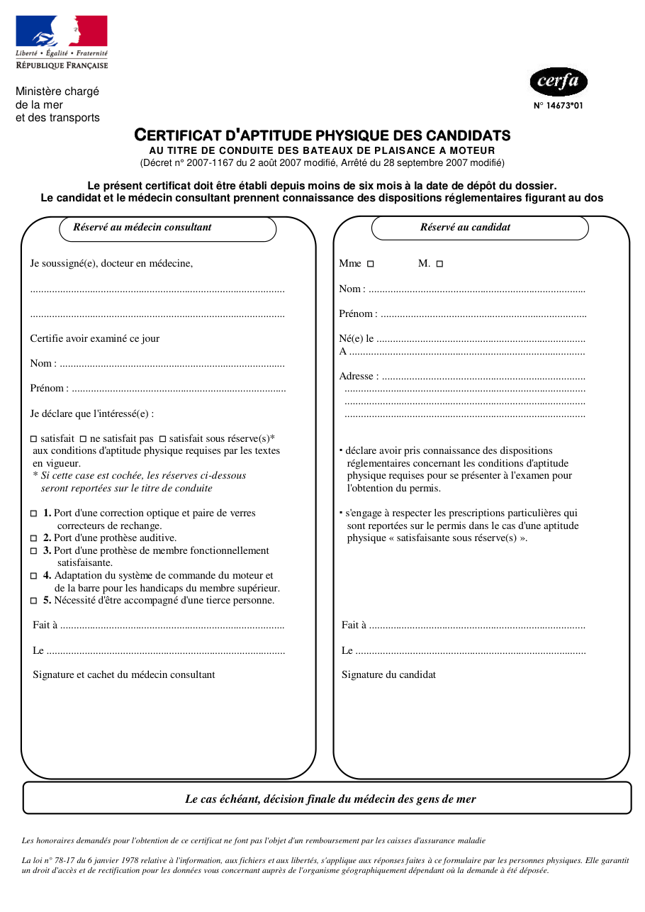 Page 1 du formulaire cerfa 14673 — Certificat d'aptitude physique pour la conduite des bateaux de plaisance à moteur