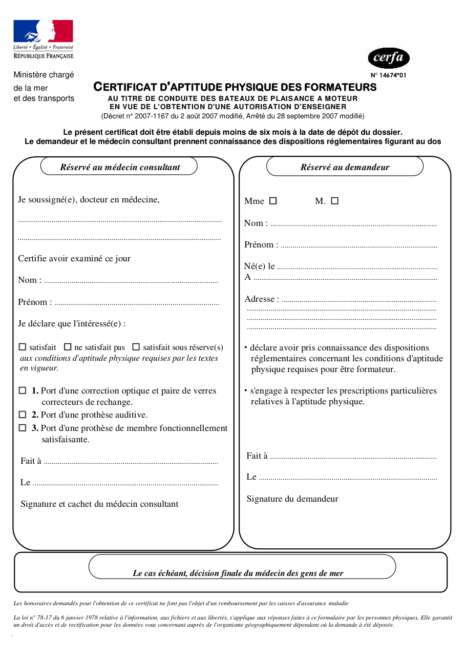 Page 1 du formulaire cerfa 14674 — Certificat d'aptitude physique des formateurs à la conduite des bateaux de plaisance