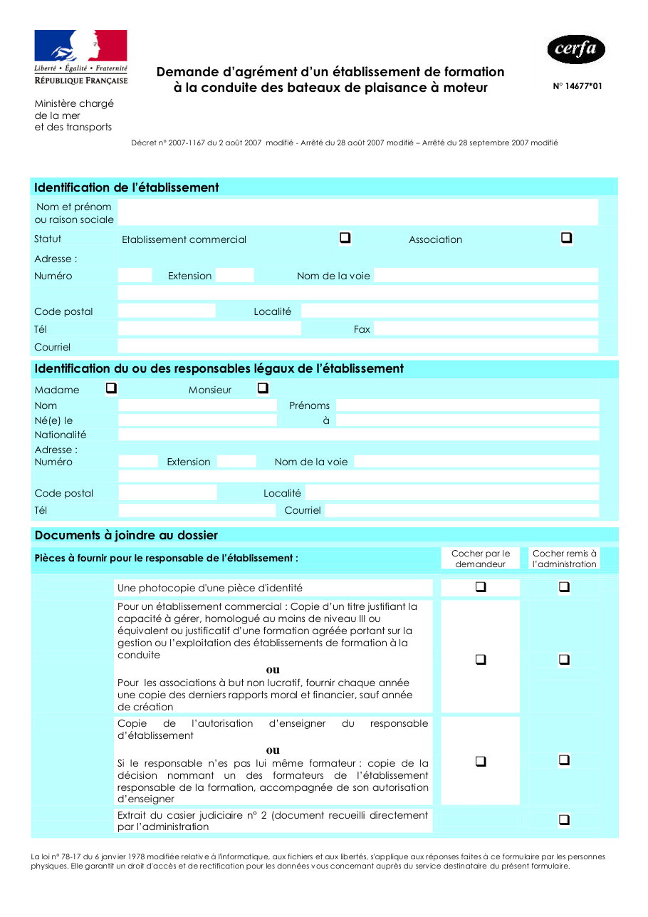 Page 1 du formulaire cerfa 14677 — Demande d'agrément d'un établissement de formation à la conduite des bateaux de plaisance