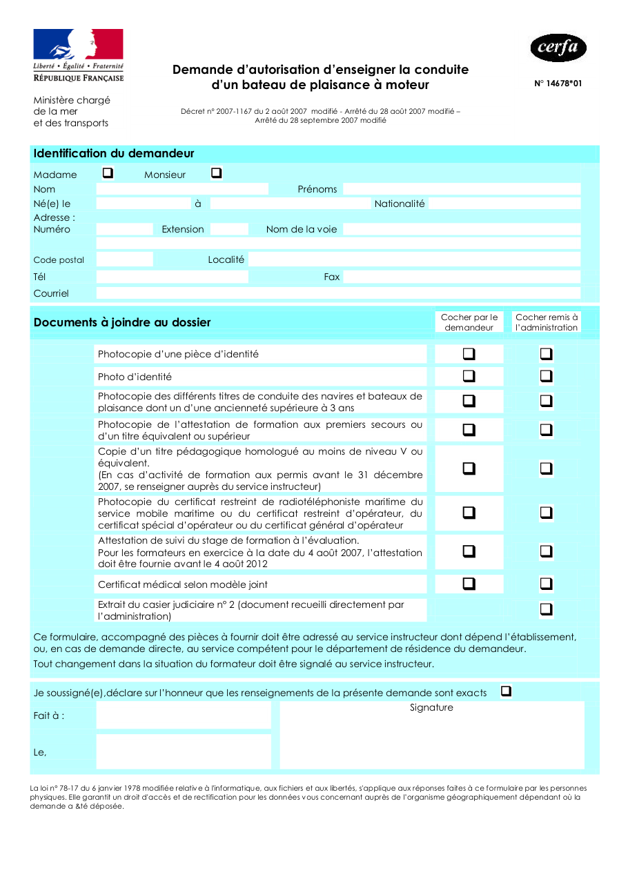 Page 1 du formulaire cerfa 14678 — Demande d'autorisation d'enseigner la conduite d'un bateau de plaisance à moteur