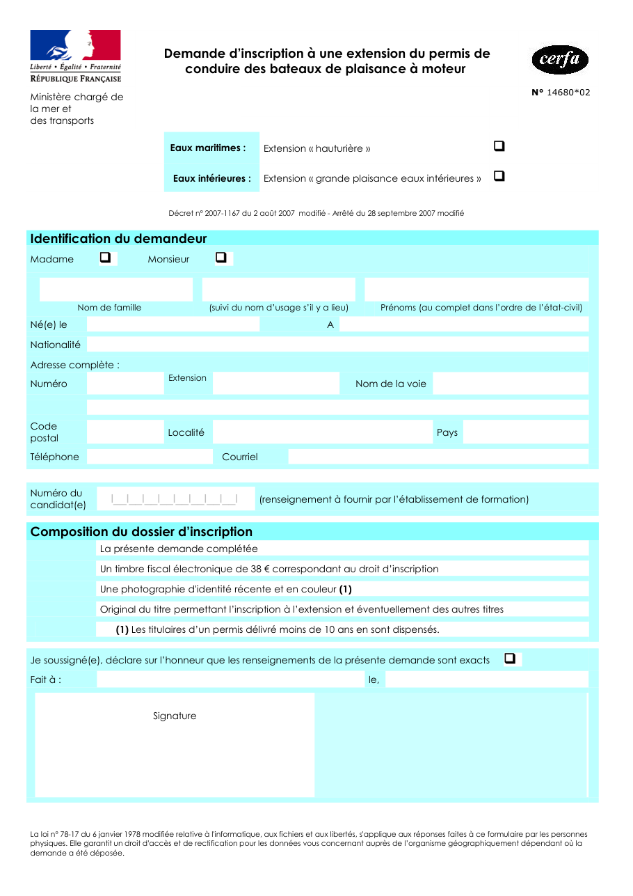 Page 1 du formulaire cerfa 14680 — Demande d'inscription à une extension du permis de conduire des bateaux de plaisance à moteur