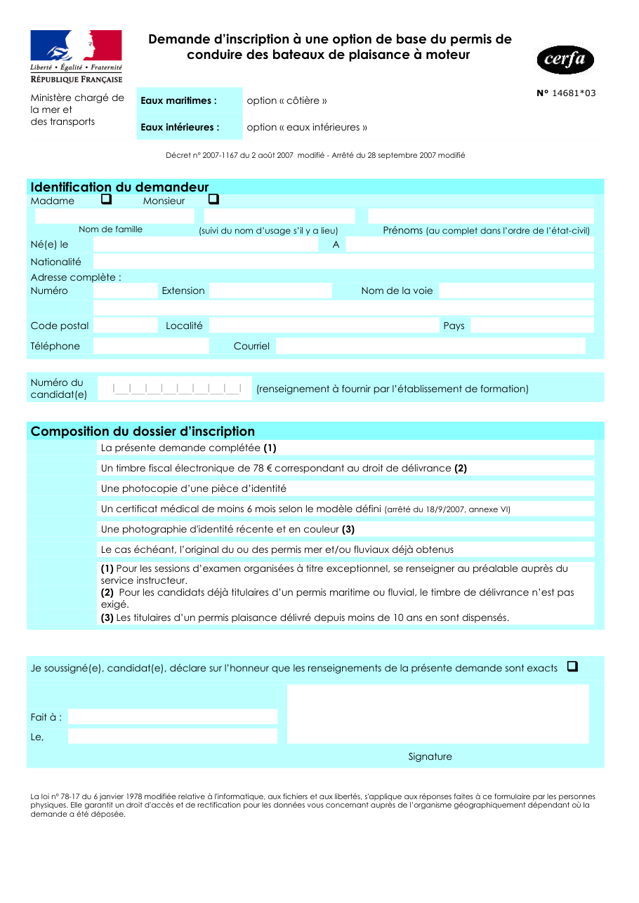 Page 1 du formulaire cerfa 14681 — Demande d'inscription à une option de base du permis de conduire des bateaux de plaisance à moteur