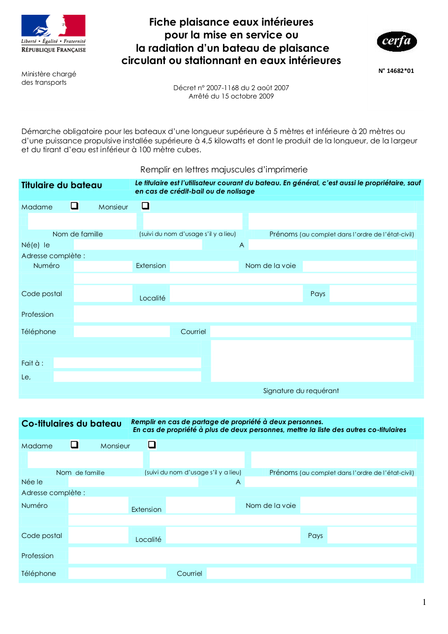 Page 1 du formulaire cerfa 14682 — Fiche plaisance eaux intérieures pour la mise en service ou la radiation d'un bateau de plaisance circulant