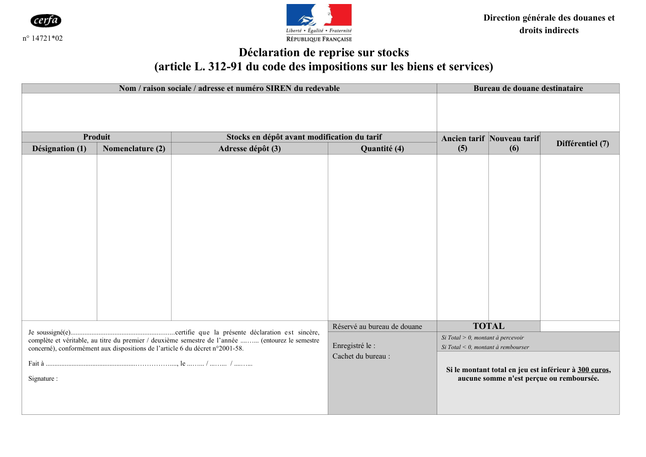Page 1 du formulaire cerfa 14721 — Déclaration de reprise sur stocks (article L. 312-91 du code des impositions