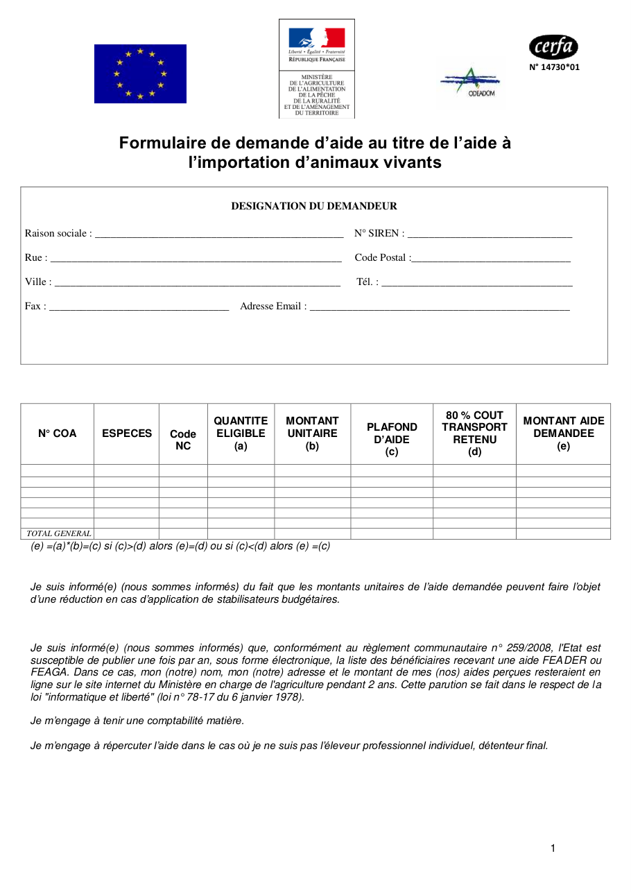 Page 1 du formulaire cerfa 14730 — Formulaire de demande d'aide au titre de l'aide à l'importation d'animaux vivants