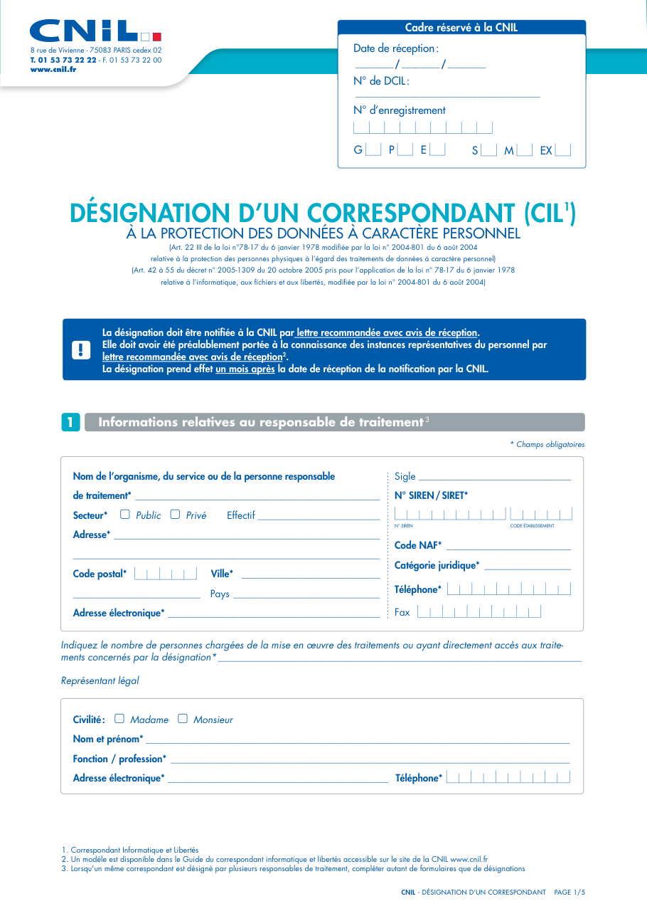 Page 1 du formulaire cerfa 14748 — Désignation d'un correspondant informatique et libertés (CIL)