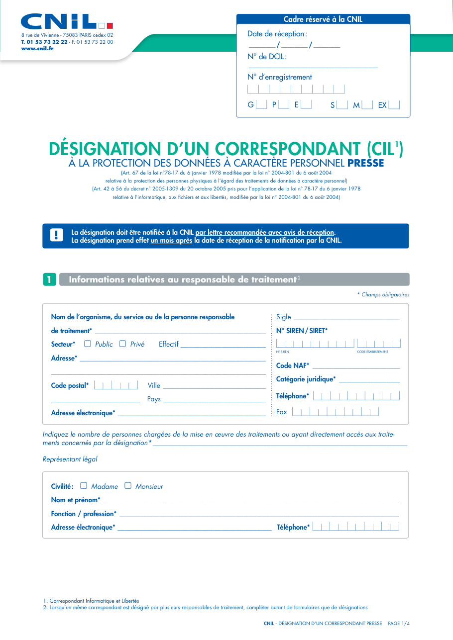 Page 1 du formulaire cerfa 14749 — Désignation d'un correspondant informatique et libertés (CIL)