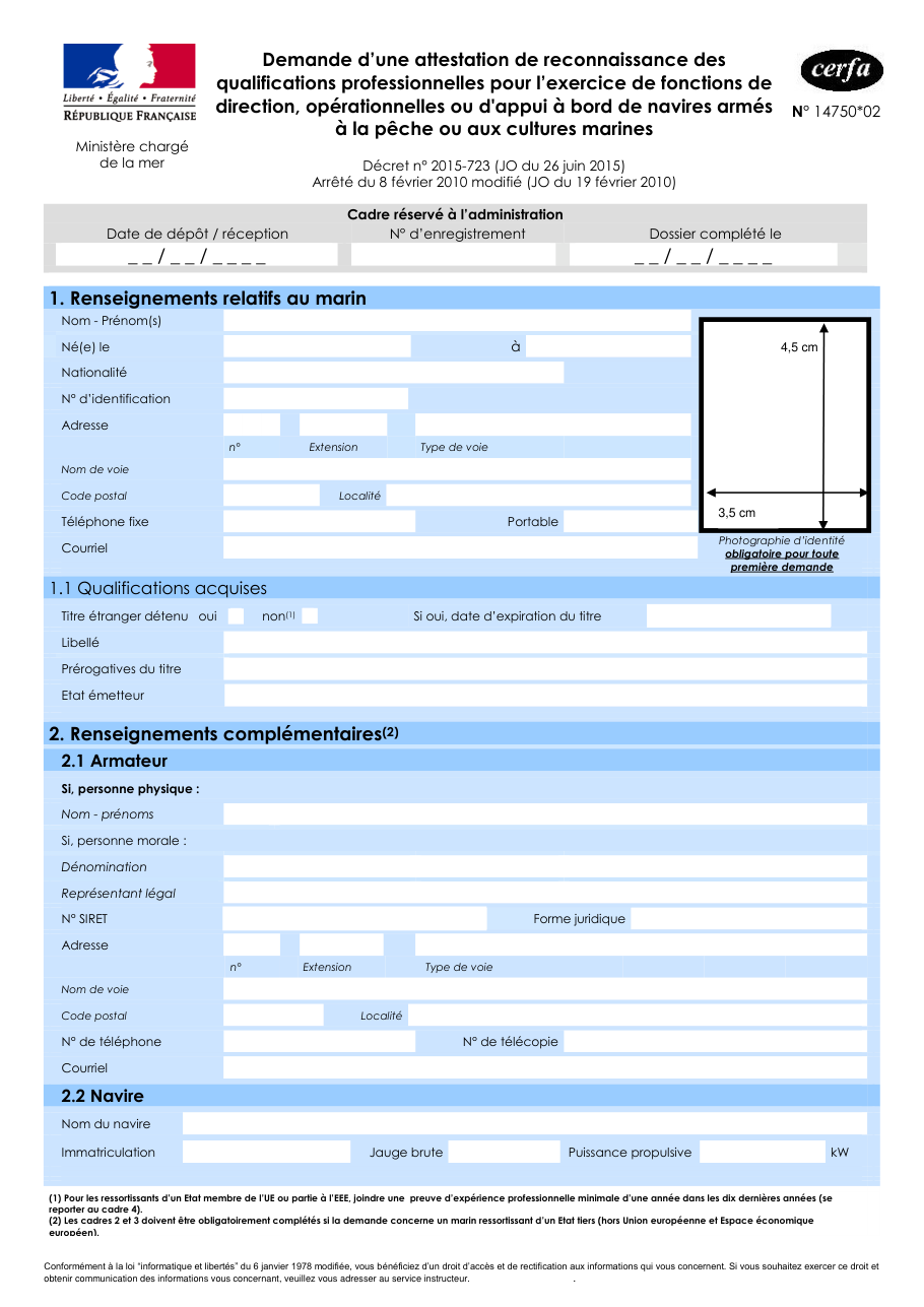 Page 1 du formulaire cerfa 14750 — Demande d'une attestation de reconnaissance des qualifications professionnelles