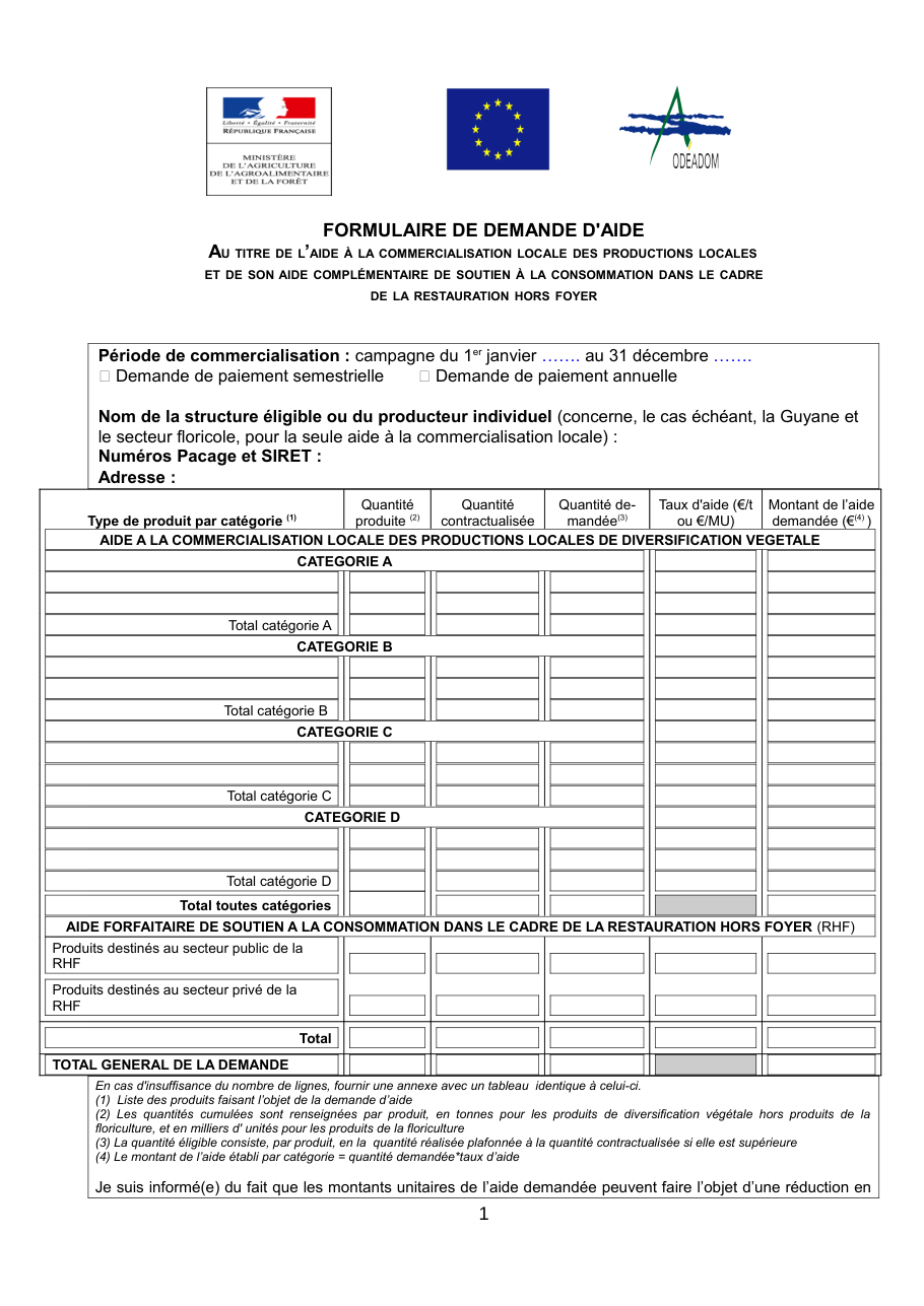 Page 1 du formulaire cerfa 14758 — Formulaire de demande d'aide à la commercialisation locale des productions locales