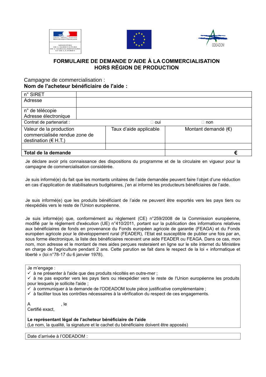 Page 1 du formulaire cerfa 14761 — Formulaire de demande d'aide à la commercialisation hors région de production
