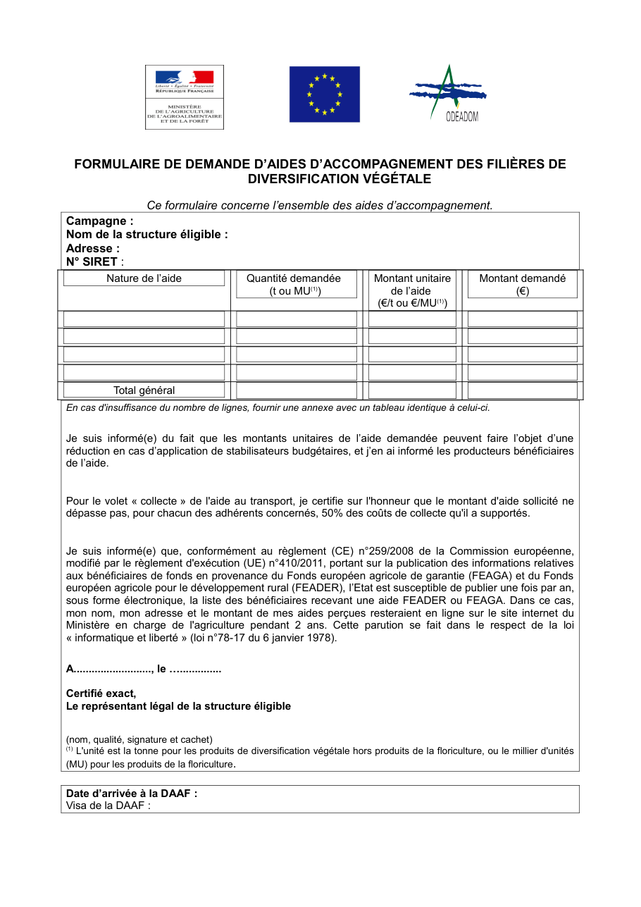 Page 1 du formulaire cerfa 14762 — Formulaire de demande d'aides d'accompagnement des filières de diversification végétale
