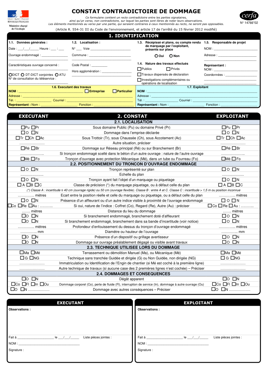 Page 1 du formulaire cerfa 14766 — Constat contradictoire de dommage