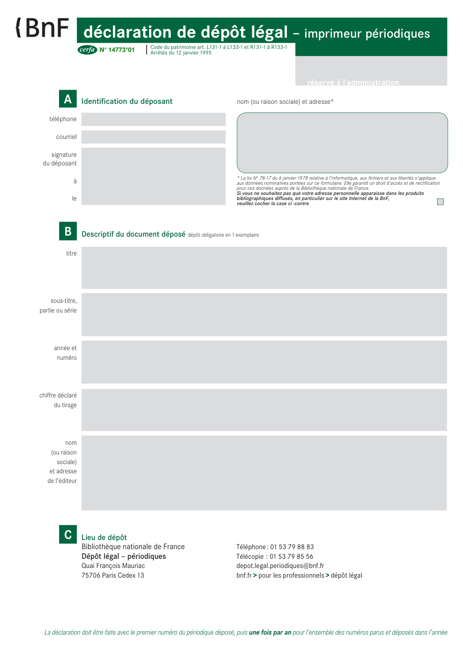 Page 1 du formulaire cerfa 14773 — Déclaration de dépôt légal
