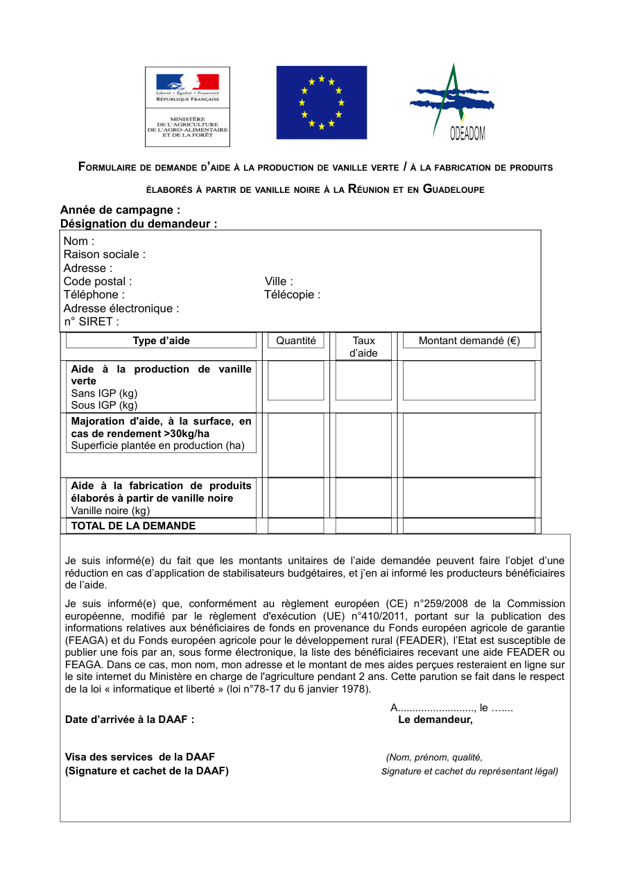 Page 1 du formulaire cerfa 14779 — Formulaire de demande d'aide à la production de vanille (verte ou noire) à La Réunion