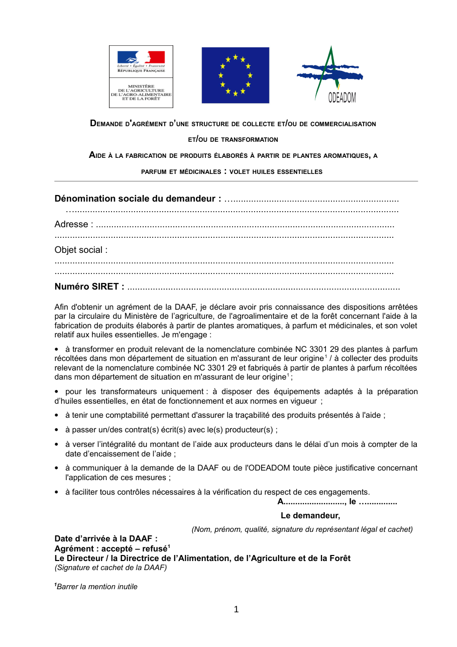 Page 1 du formulaire cerfa 14780 — Demande d'agrément d'une structure de collecte, de commercialisation ou de transformation