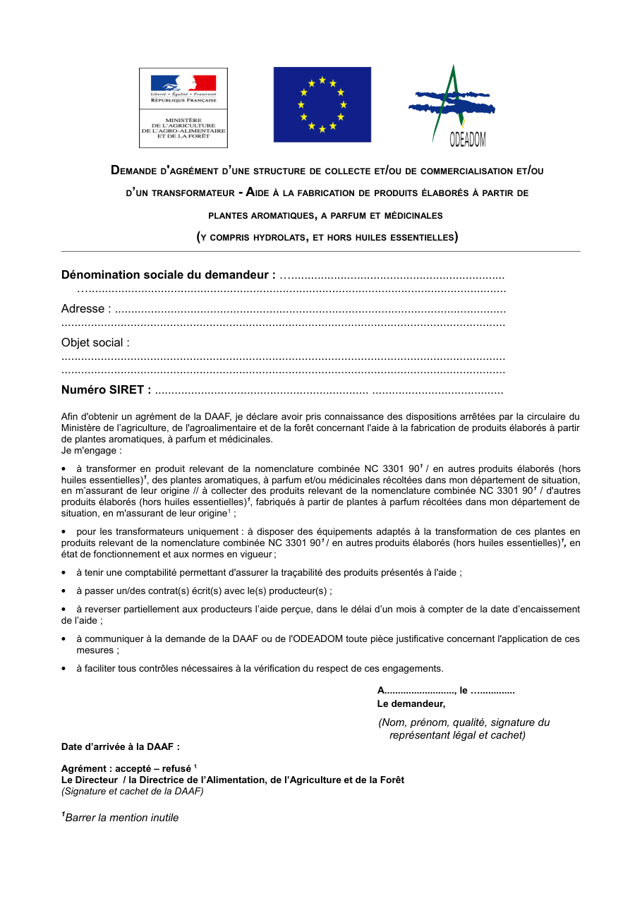 Page 1 du formulaire cerfa 14781 — Demande d'agrément d'une structure de collecte, de commercialisation