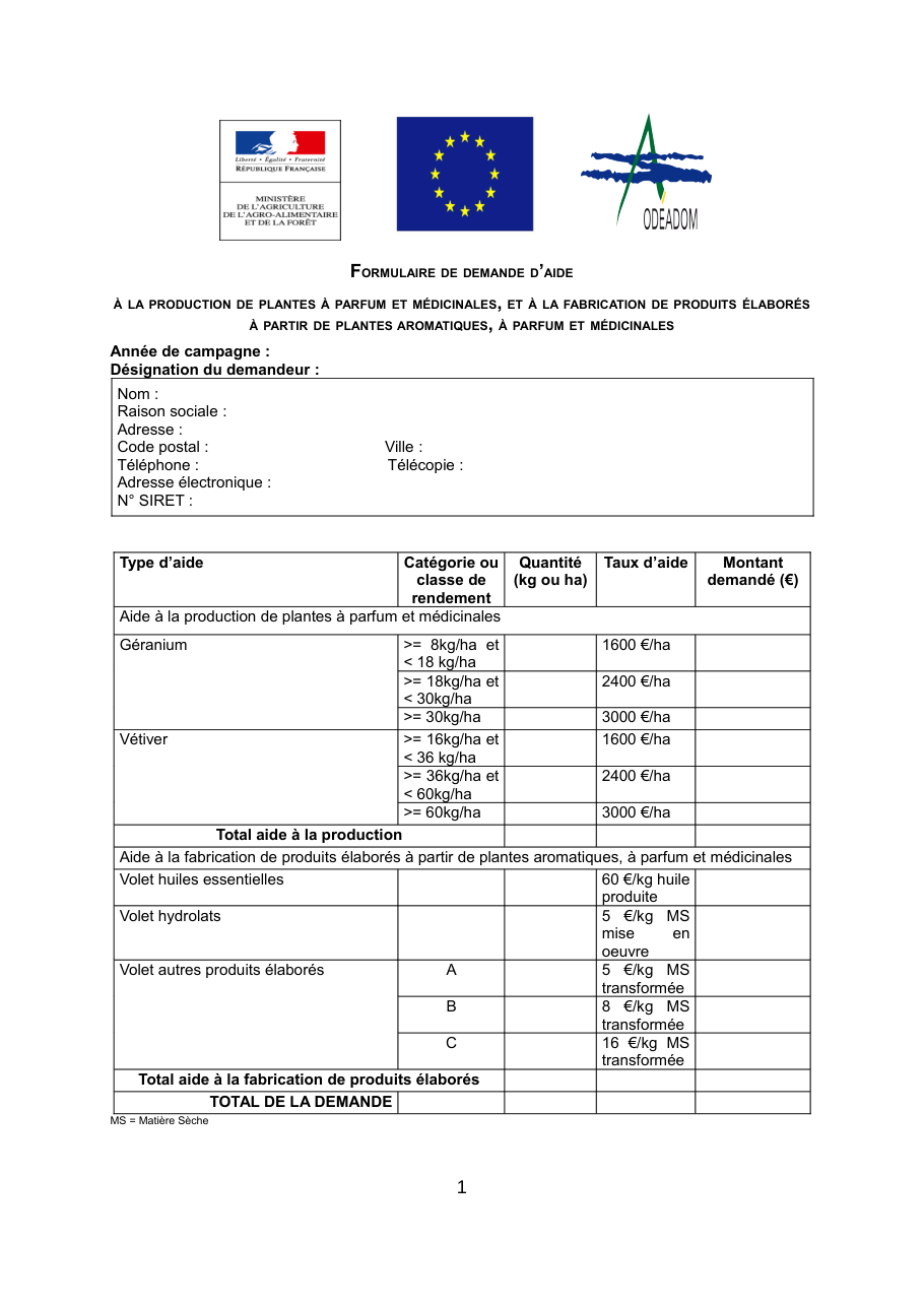Page 1 du formulaire cerfa 14783 — Demander l'aide à la production de plantes à parfum et médicinales et à la fabrication de produits élaborés