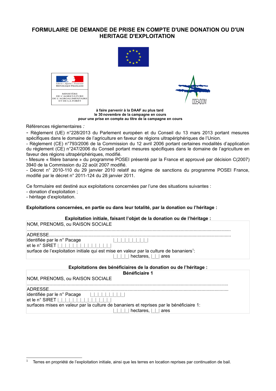 Page 1 du formulaire cerfa 14792 — Formulaire de demande de prise en compte d'une donation ou d'un héritage d'exploitation